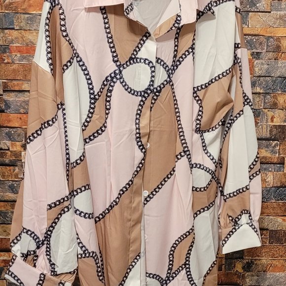 Chain Link Pattern Design Mini Long Sleeve Casual Shirt Dress, Sexy Top (S-2XL) - Picture 4 of 4